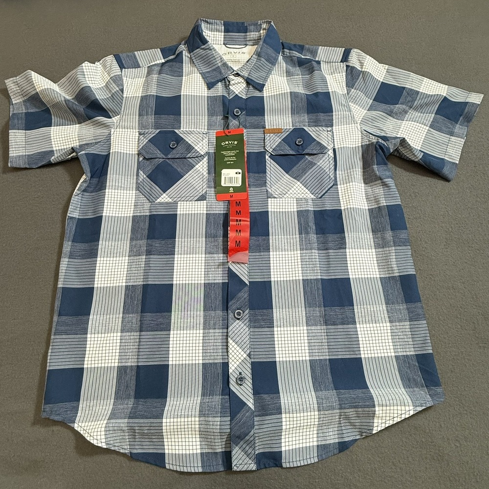 Orvis Short Sleeve Button Down Mens M Quick Dry Polyester Blue Plaid